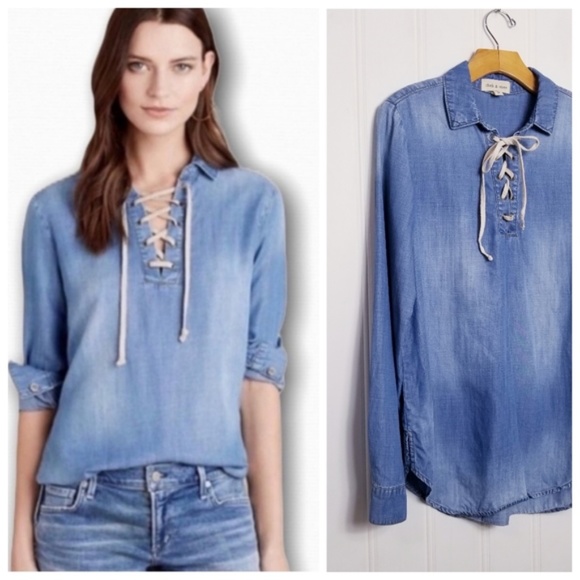 CLOTH & STONE XS Blue Shoelace Chambray Tunic Top Stone Wash Hi Lo - Picture 1 of 6